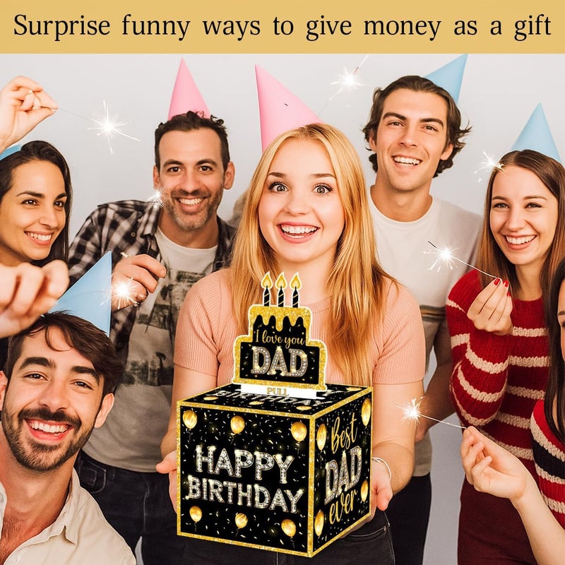 ChillHui Store Father Birthday Money Gift Boxes, Black Gold Birthday Money Pull Box for Dad - Image 2